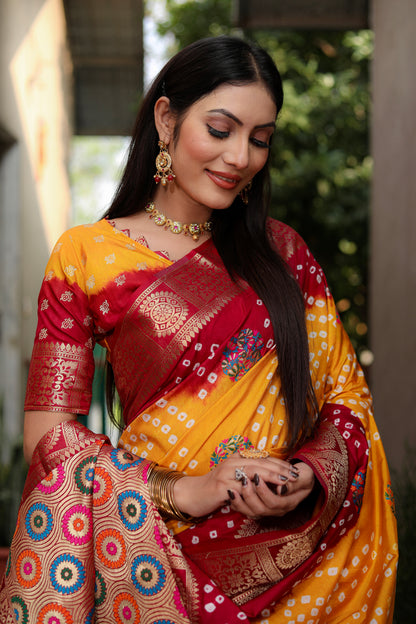 Yellow Ishani Pure Bandhej Silk Saree Minakari Weaving Butta With Zari