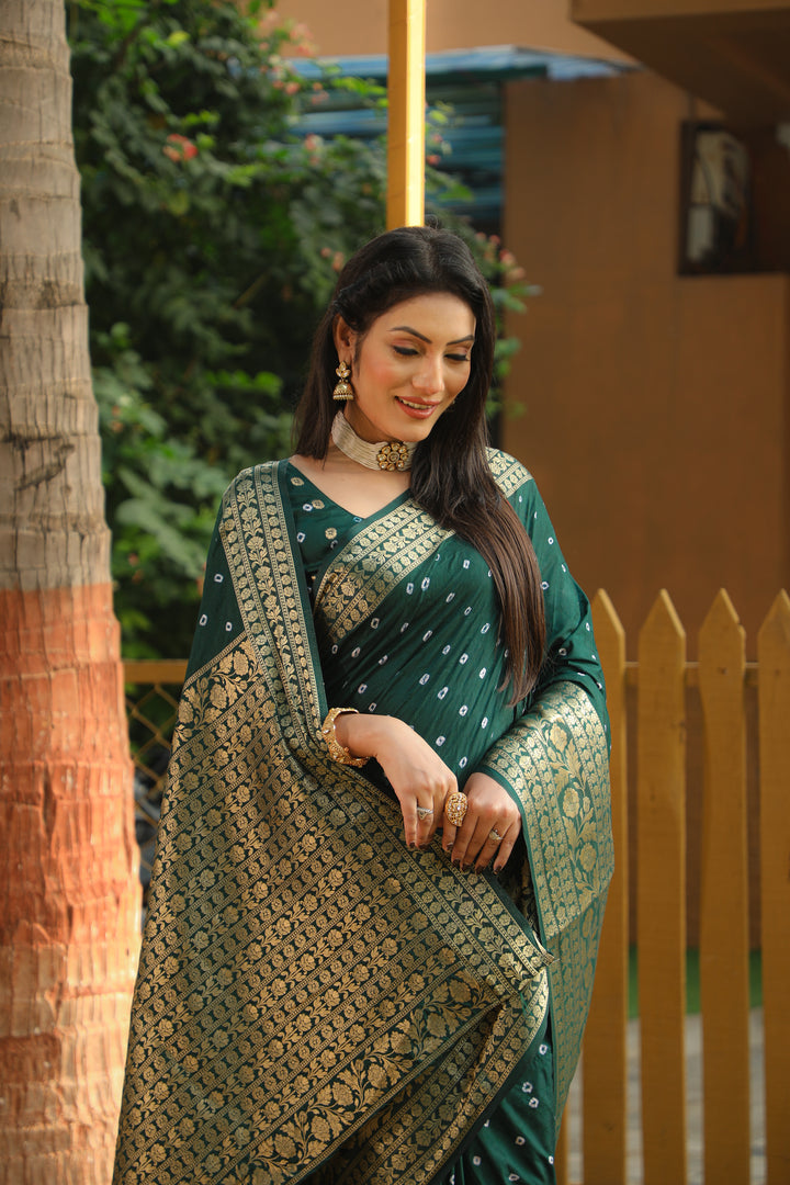 Green Toral Bandhej Kanjivaram Silk Saree Kanjivaram Border With Zari Weaving Rich Pallu