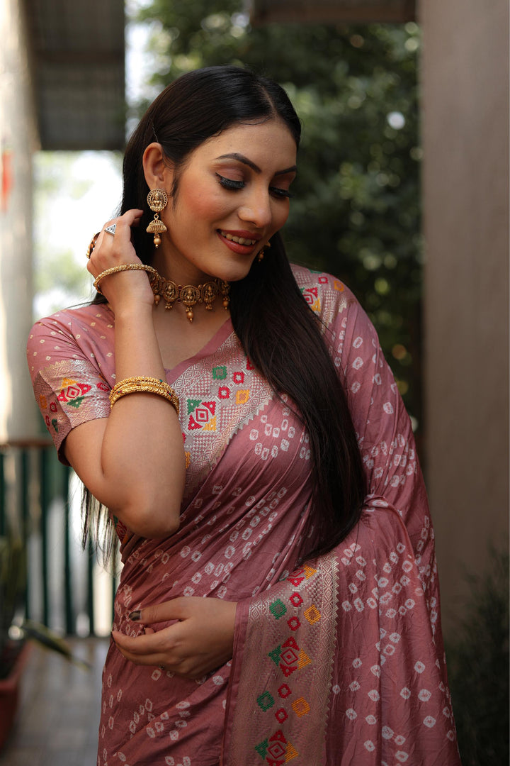 Light Pink Mayraa Pure Bandhej Silk Saree With Patola Border Zari Weaving Paithani And Paithani Rich Pallu