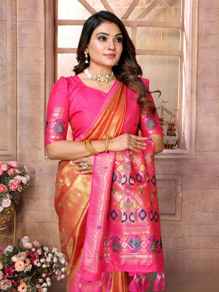 Orange Vimala Banarasi Silk Saree With Contrast Paithani Woven Borders & Pallu