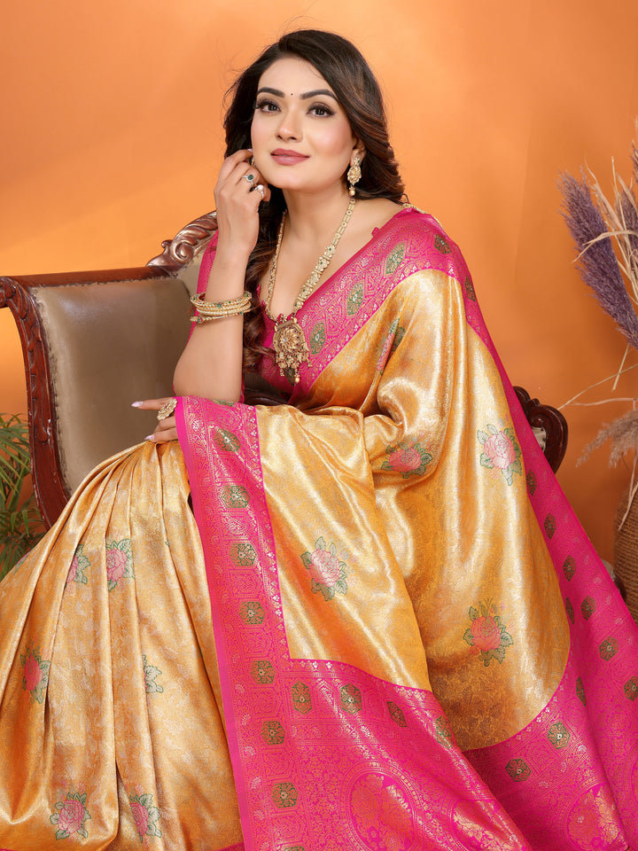 Yellow Saroj Banarasi Silk Saree With Contrast Paithani Woven Borders & Pallu