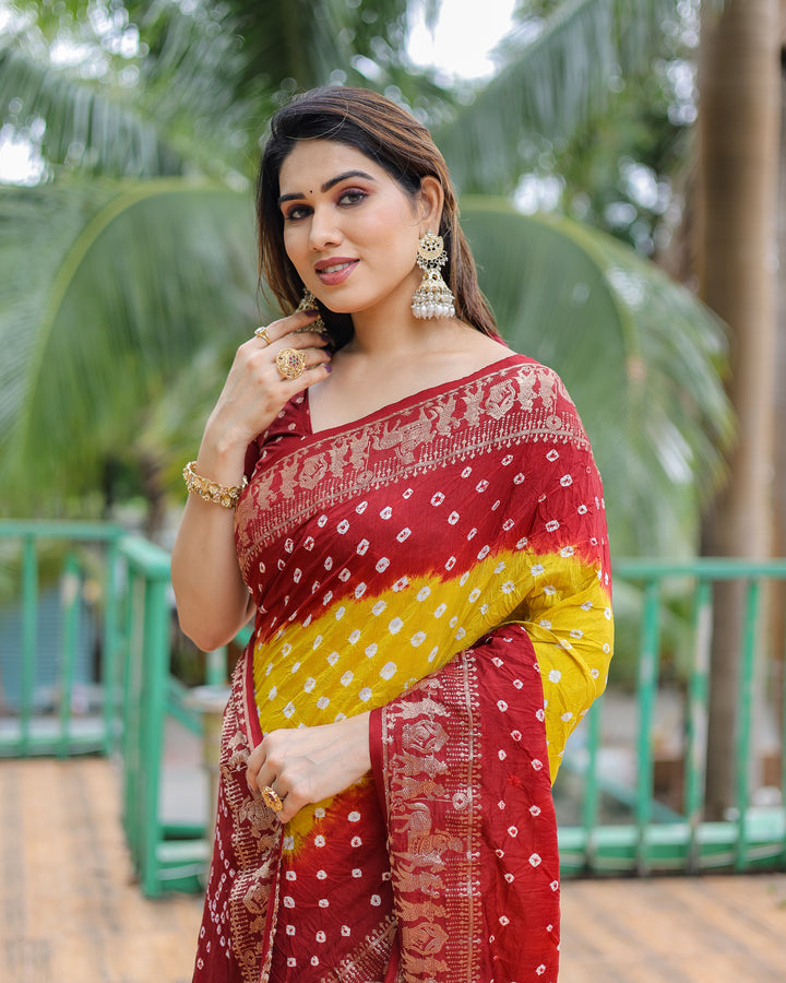Lemon Yellow Vamika Pure Bandhej Silk Saree With Bandhej Border & Zari Weaving Rich Tissue Pallu