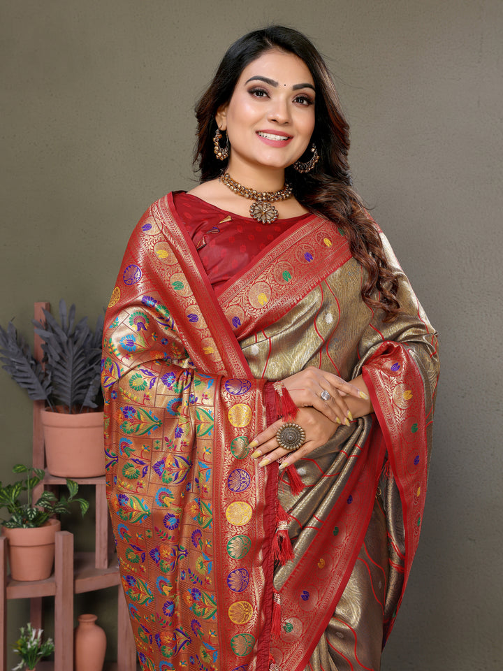 Beige Vasant Banarasi Tissue Silk Saree With Laheriya Woven Borders & Contrast Banarasi Pallu