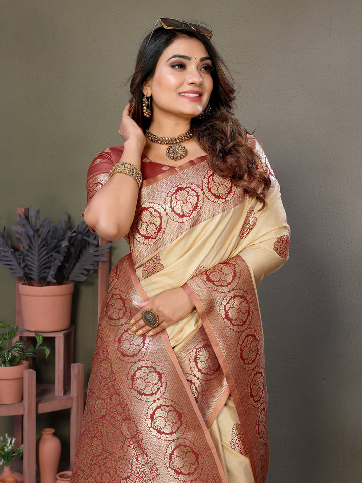 Brown Jugani Viscose Silky Sarees And weaving Butties with contrast border, Rich pallu
