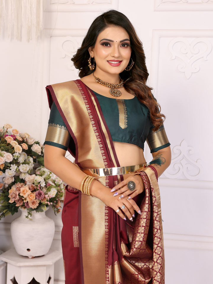 Maroon Sameera Lichi soft Silk sarees & woven Butta concept With woven Zari borders both sides