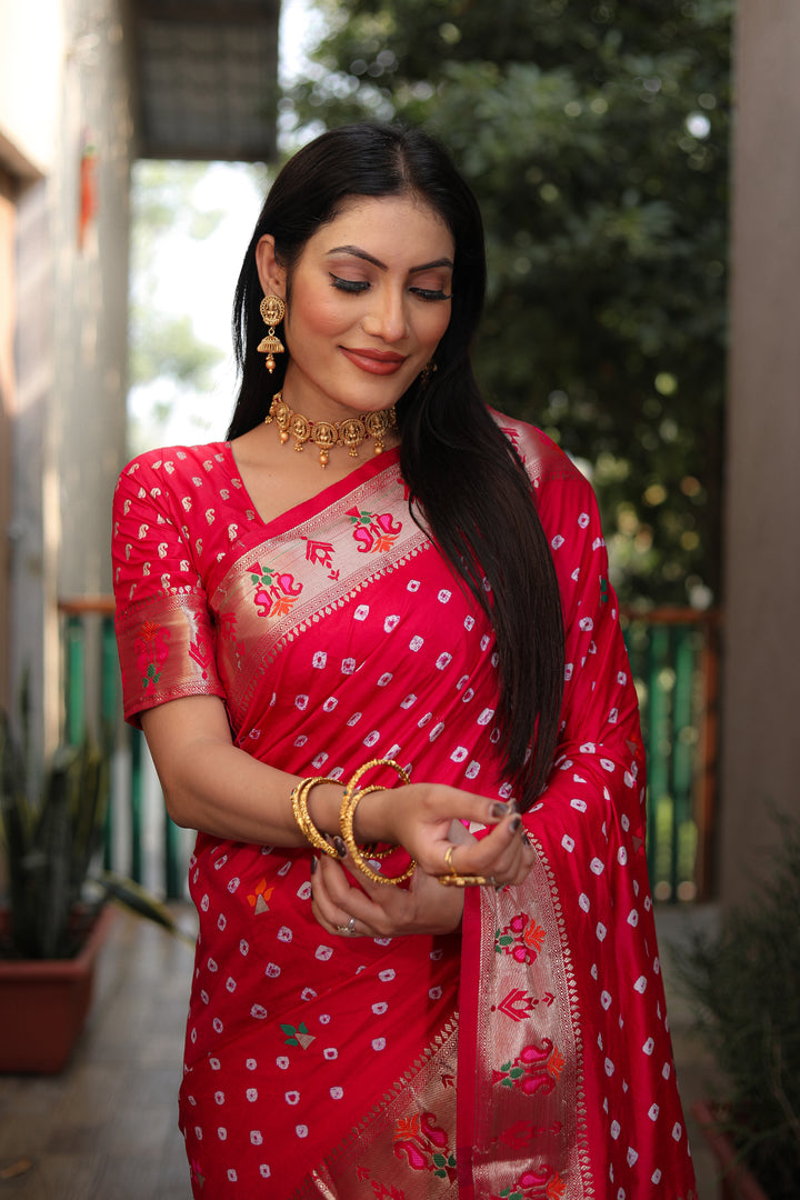Red Yogeshwari Dola Soft Silk Bandhej Saree With Jari Border & Weaving Paithani Style Rich Pallu