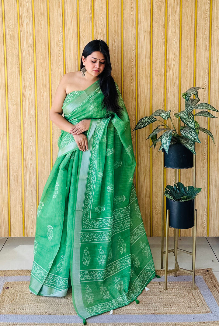 Light Green Aarya-1 Soft Linen Cotton Digital Print Sarees With Batik Print With Silver Border