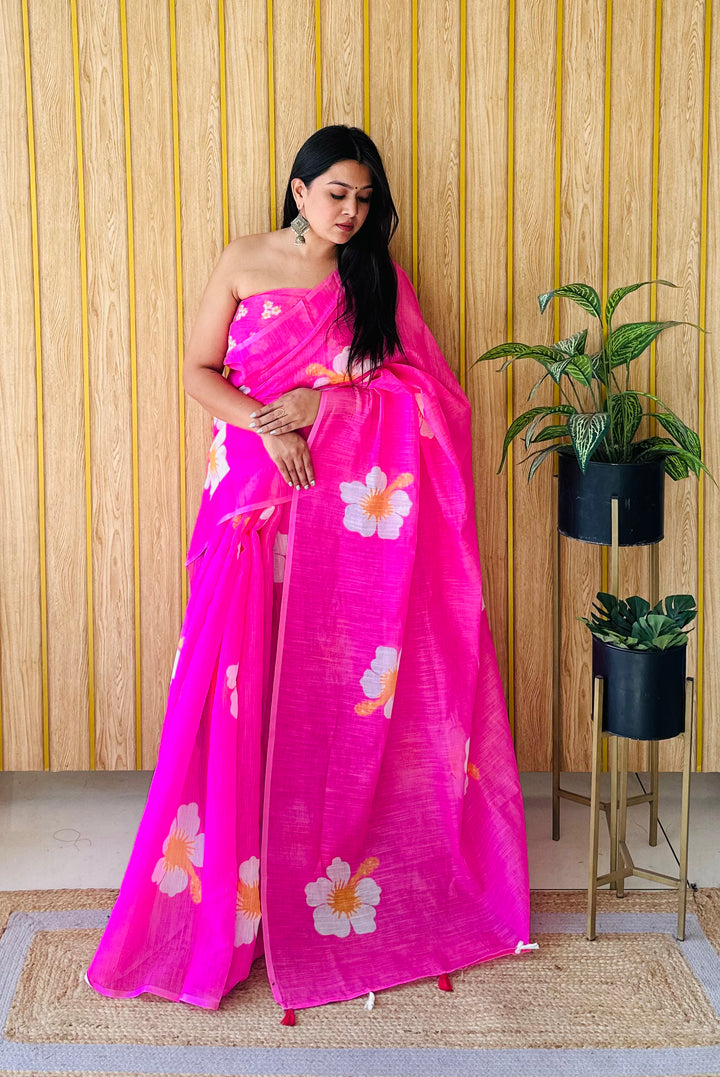 Pink Champa-2 Soft Linen Cotton Digital Print Sarees With Flower Print & Printed Pallu