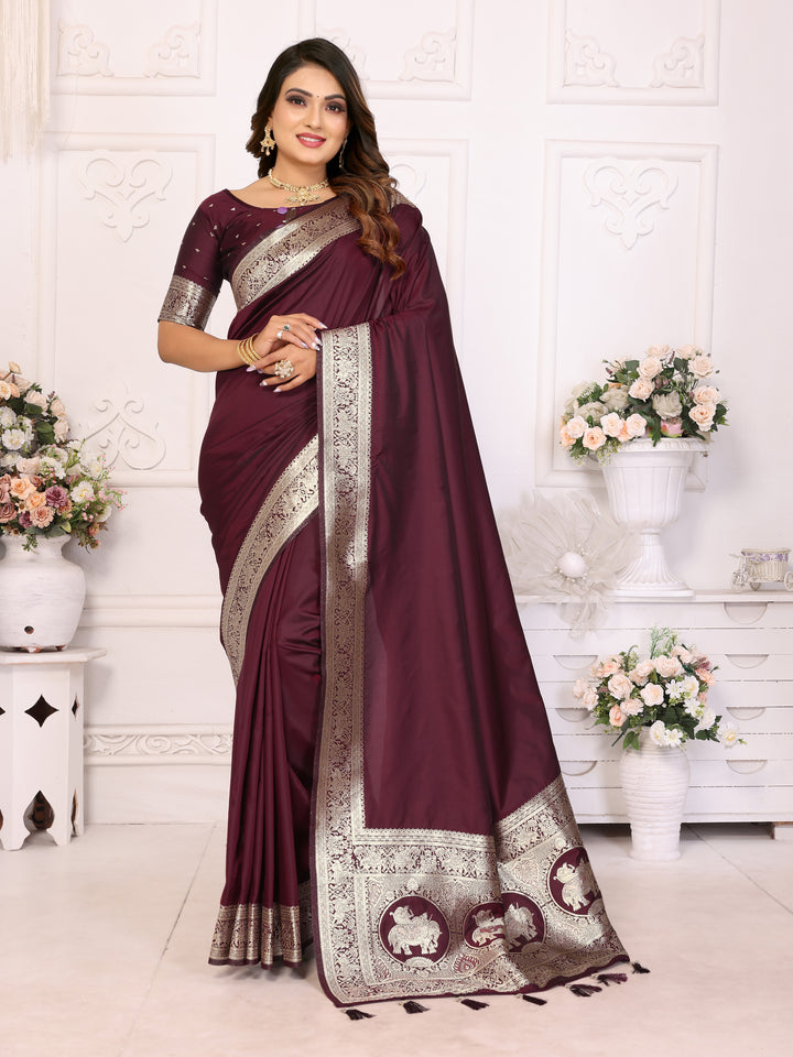 Dark Brown Rani Banarasi silk sarees saree with beautiful Gala weaving exclusive work soft comfy