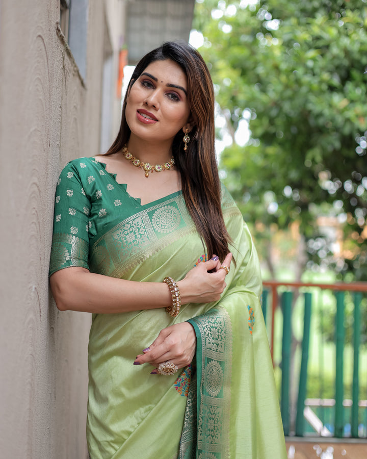 Green Kamlika Dola Silk With Unique Butta And Contrast Border & Rich Pallu