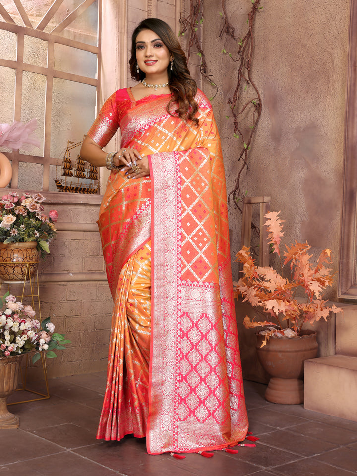 Orange Kundan kochi silk saree with beautiful Checks weaving exclusive work soft comfy