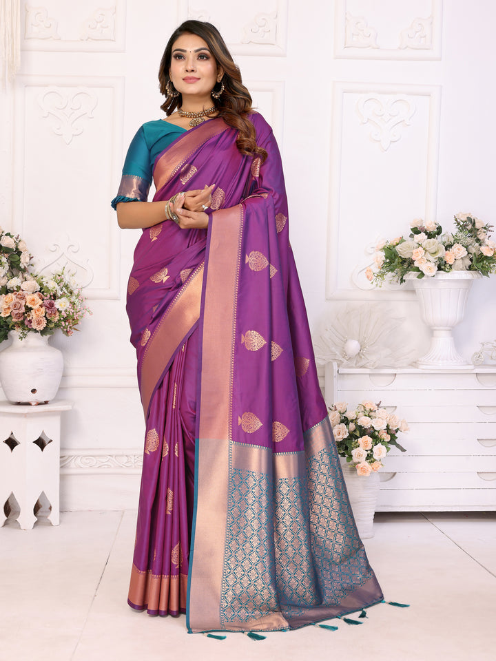 Purple Vardhman Lichi soft Silk sarees woven Butta concept & woven Zari borders both sides