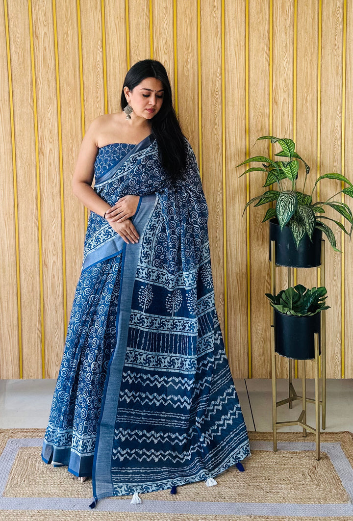 Blue Aarya-4 Soft Linen Cotton Digital Print Sarees With Batik Print With Silver Border