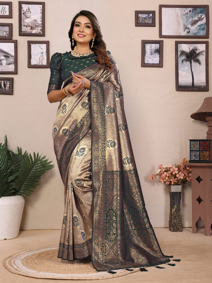 Green Mahek Handloom Tissue Silk Sarees with Zari Weaving and Contrast Zari  border