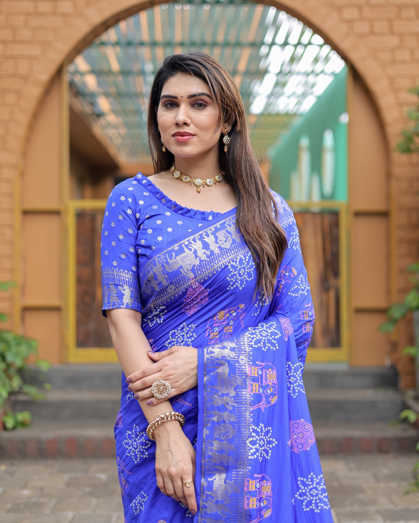 Blue Mastani Soft Dola Silk Bandhej Print Sarees With Kanchi Weaving Border And Allover Zari Border