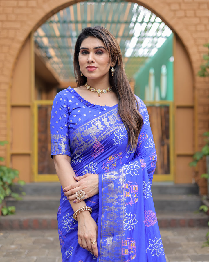 Blue Mastani Soft Dola Silk Bandhej Print Sarees With Kanchi Weaving Border And Allover Zari Border