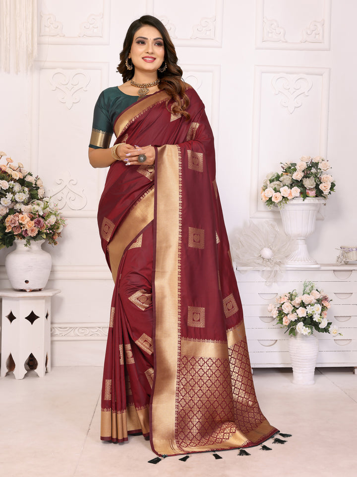 Maroon Sameera Lichi soft Silk sarees & woven Butta concept With woven Zari borders both sides