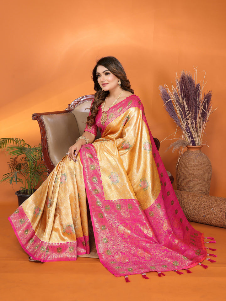 Yellow Saroj Banarasi Silk Saree With Contrast Paithani Woven Borders & Pallu