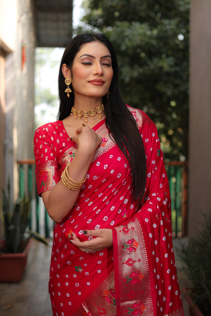 Red Yogeshwari Dola Soft Silk Bandhej Saree With Jari Border & Weaving Paithani Style Rich Pallu