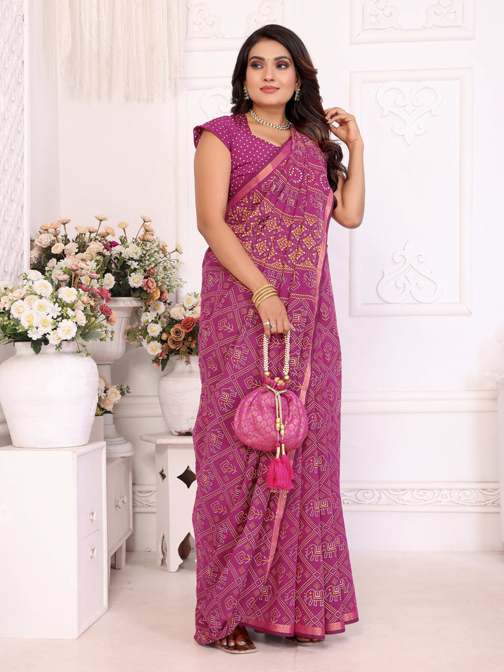Pink Ambika Pure Patola And Bandhej Pattern Soft Cotton Light Weight Saree