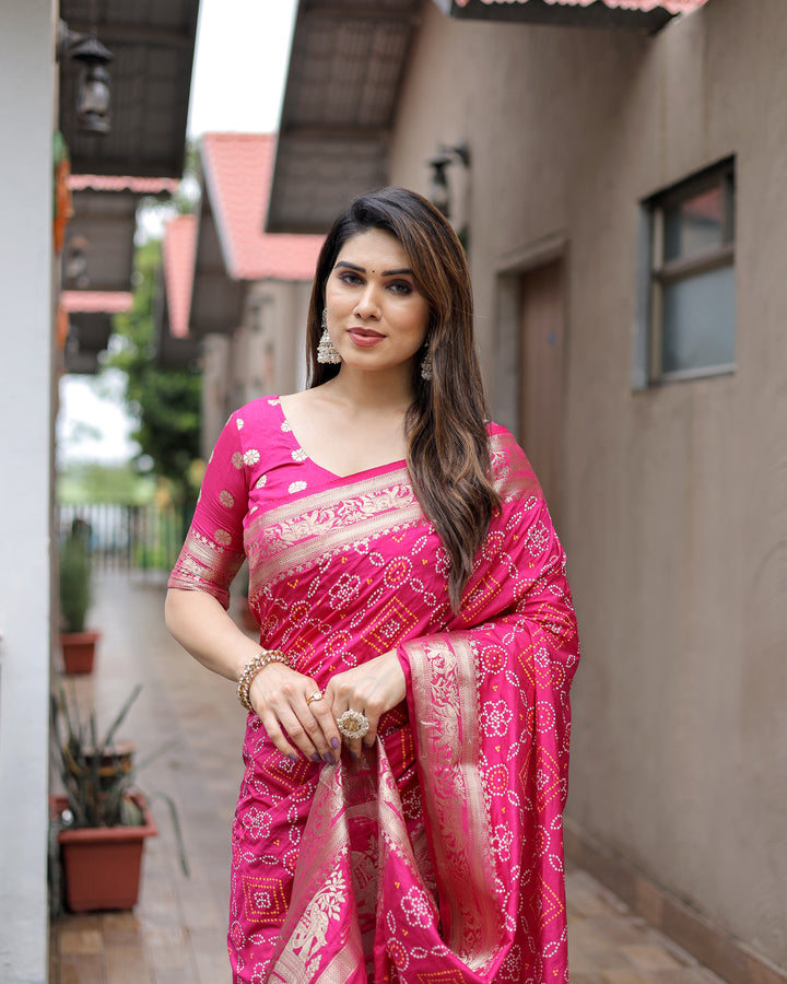 Pink Pushpavati Soft Dola Silk Bandhej Sarees With Kanchi Weaving Border With Multicolour Bandhej Block Print Design