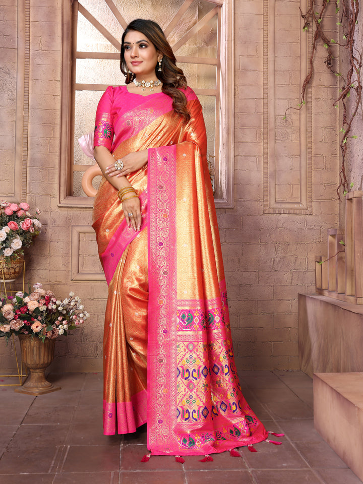 Orange Vimala Banarasi Silk Saree With Contrast Paithani Woven Borders & Pallu