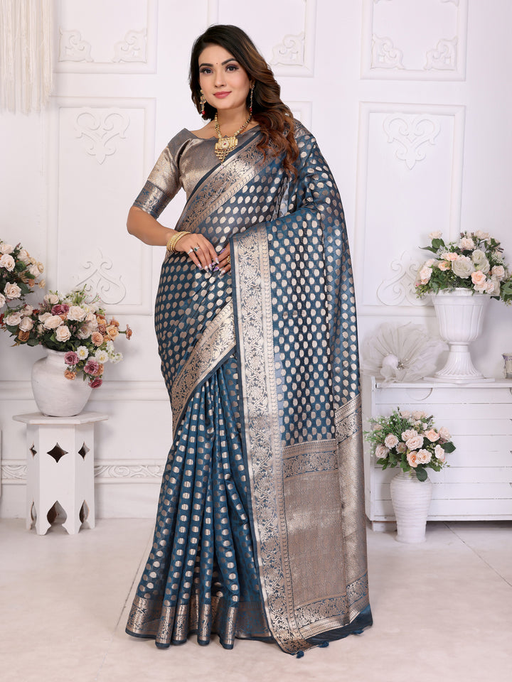 Blue Aruni Soft Organza Silk Banarasi Saree With Unique Butta With Unique Colours