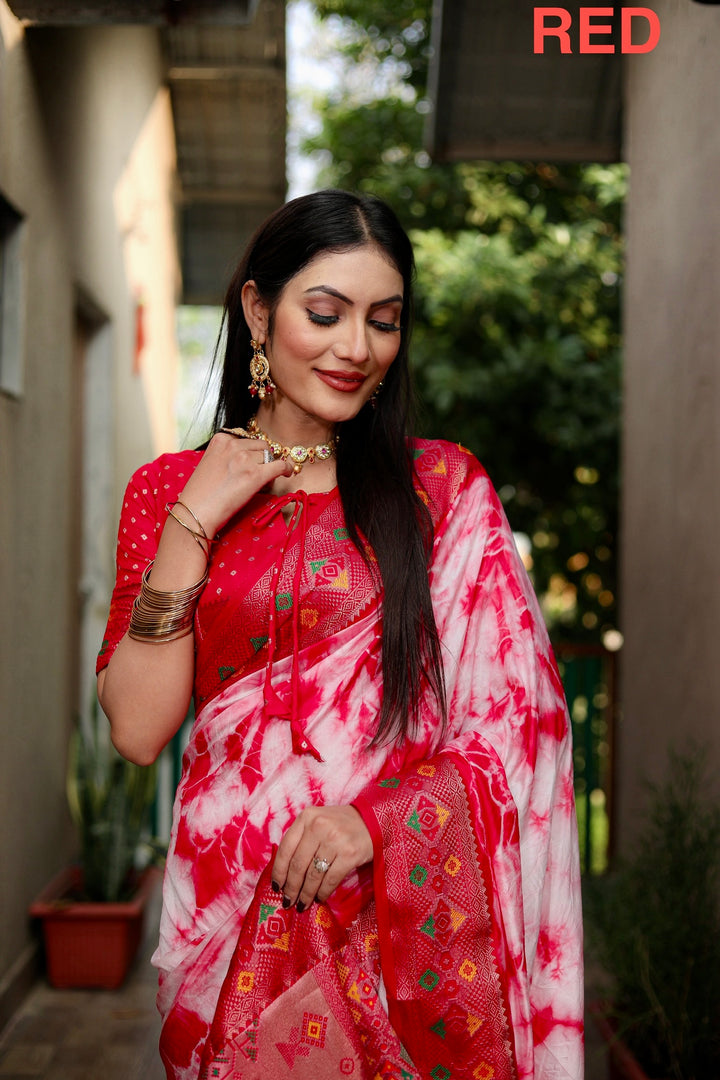 Red Flora Sibori Print Paithani Silk Sarees  With Gold Zari Paithani Border & Contrast  Rich Pallu