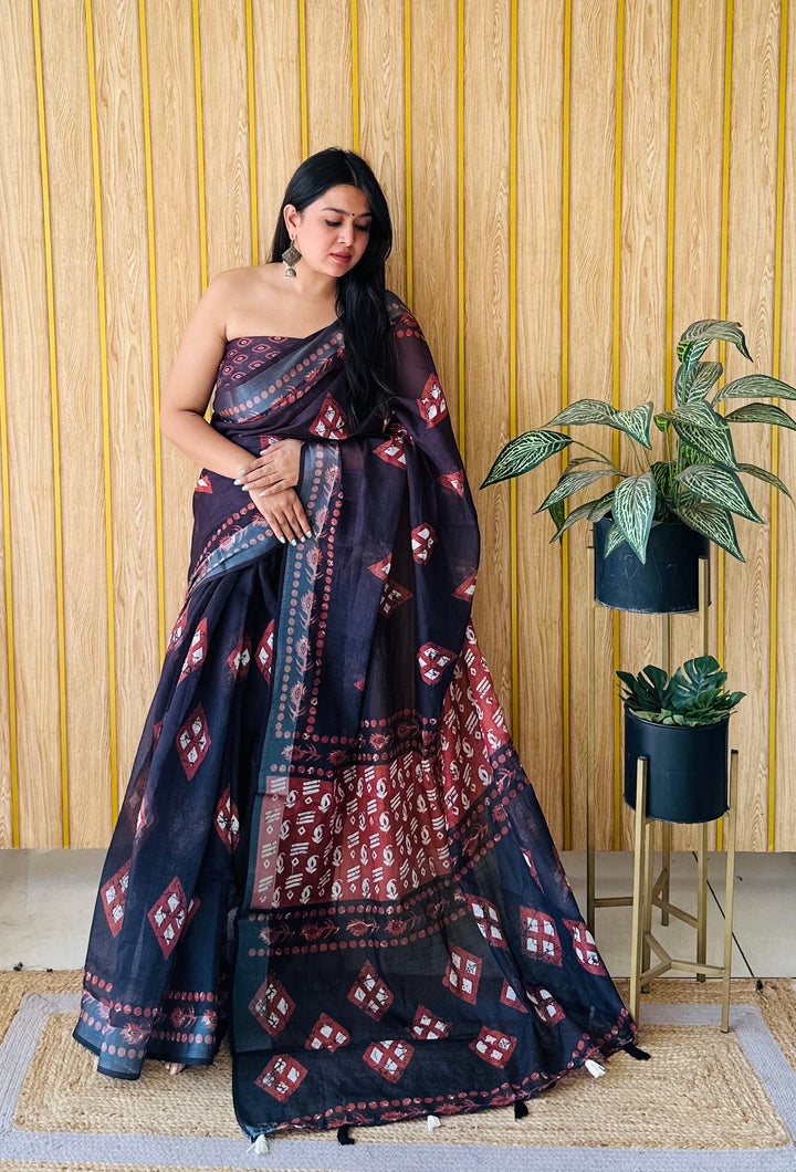 Black And Red Aarya-2 Soft Linen Cotton Digital Print Sarees With Batik Print With Silver Border