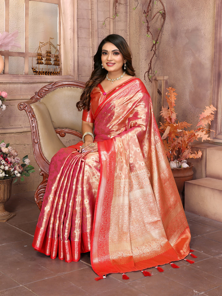 Red Vanita Tissue Silk Saree Zari Designs and Contrast Zari Borders & Rich Pallu