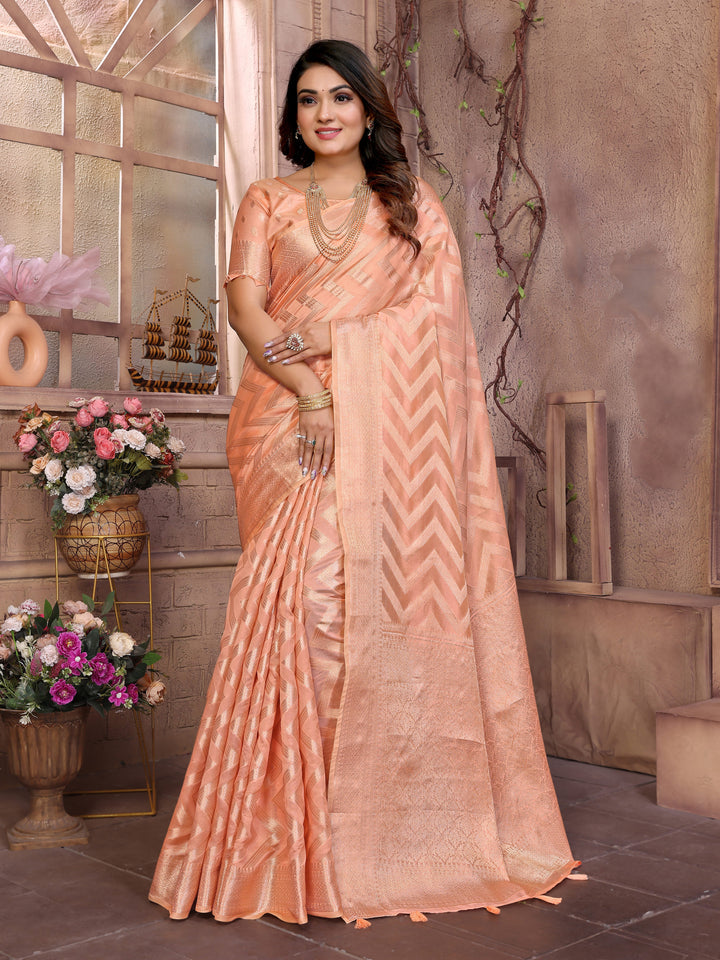 Orange Dwija Soft Organza Silk Banarasi Saree With Unique Butta With Unique Colours