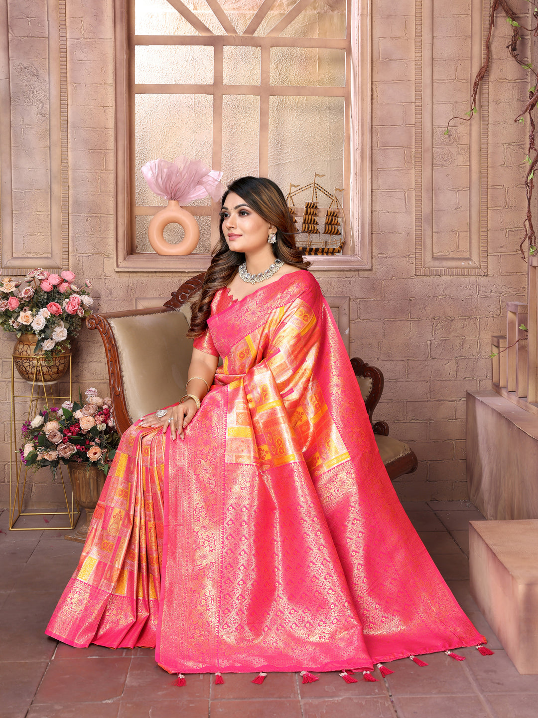 Orange Somya Banarasi Chaturi silk saree ,Jari weaving Border and Weaving rich pallu