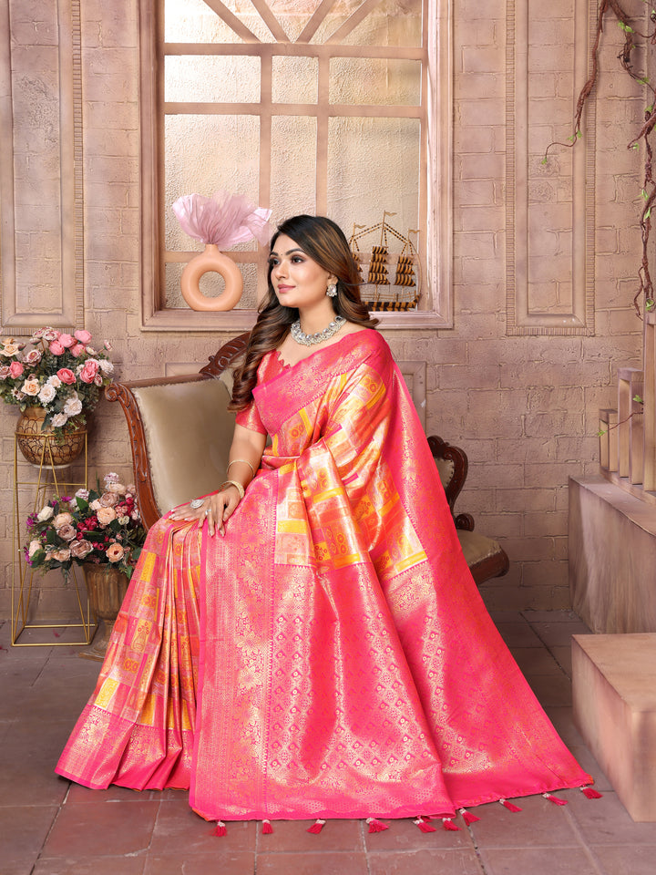 Orange Somya Banarasi Chaturi silk saree ,Jari weaving Border and Weaving rich pallu