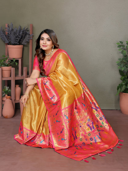 Yellow Mrudangi Pure Banarasi Tissue silk sarees contrast Paithani woven border classic pallu