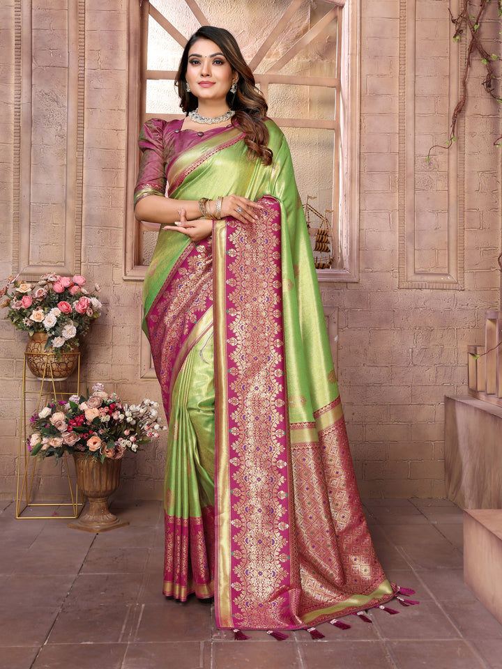 Green Sundari Banarasi Tissue Silk Saree With Contrast Banarasi Woven Borders & Pallu