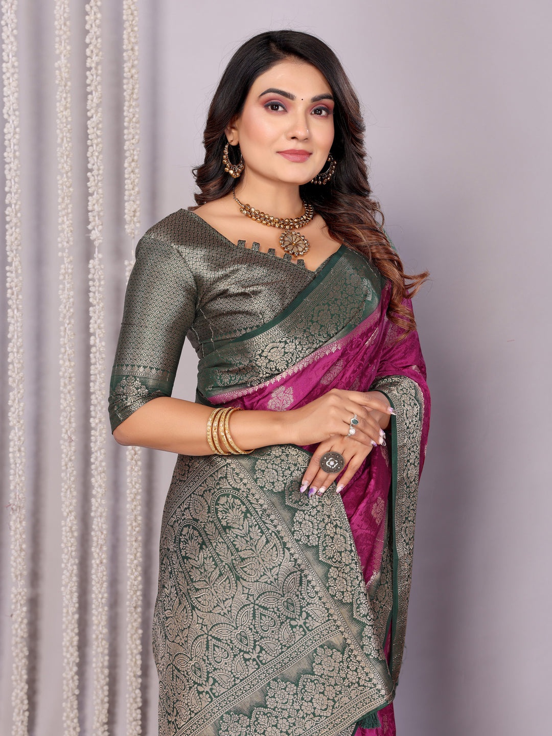 Purple Sandhya Satin Silk Sarees With Butta Designs & Contrast Zari Woven Borders
