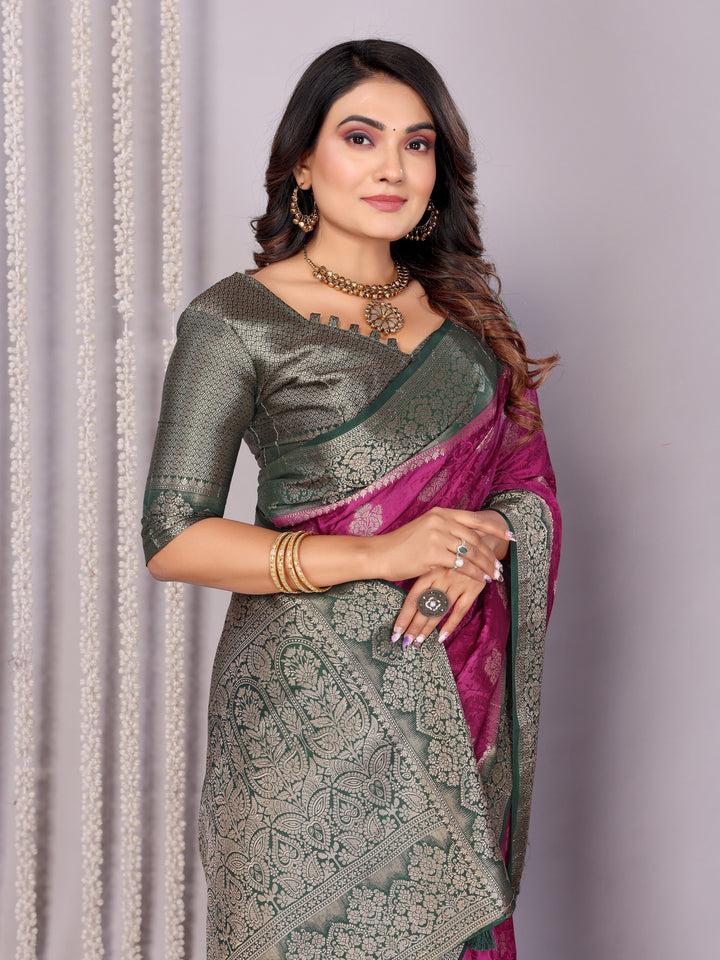 Purple Sandhya Satin Silk Sarees With Butta Designs & Contrast Zari Woven Borders