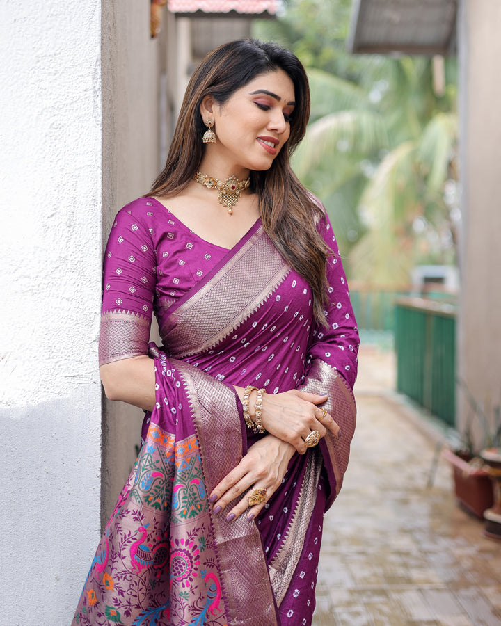 Wine Yashomati Dola Soft Silk Bandhej Sarees With Awesome Two Sides Jari Border &  Paithani Style Rich Pallu