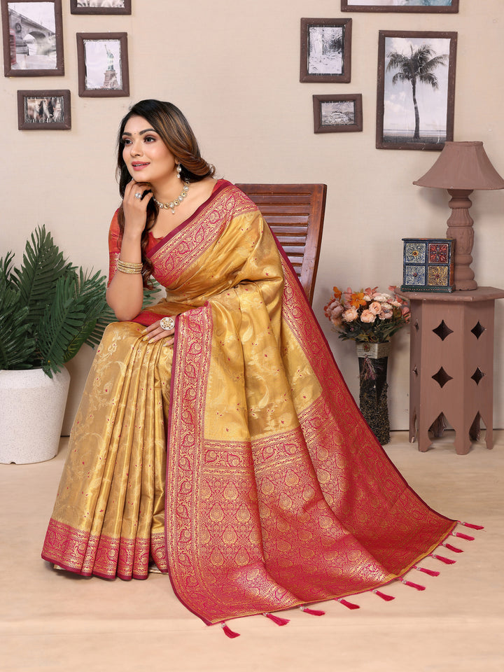 Red-Yellow Hema pure Banarasi Tissues silk sarees Its soft and silky with Meenkari woven border