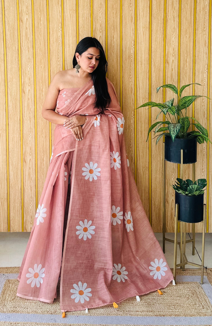 Peach Champa-1 Soft Linen Cotton Digital Print Sarees With Flower Print & Printed Pallu