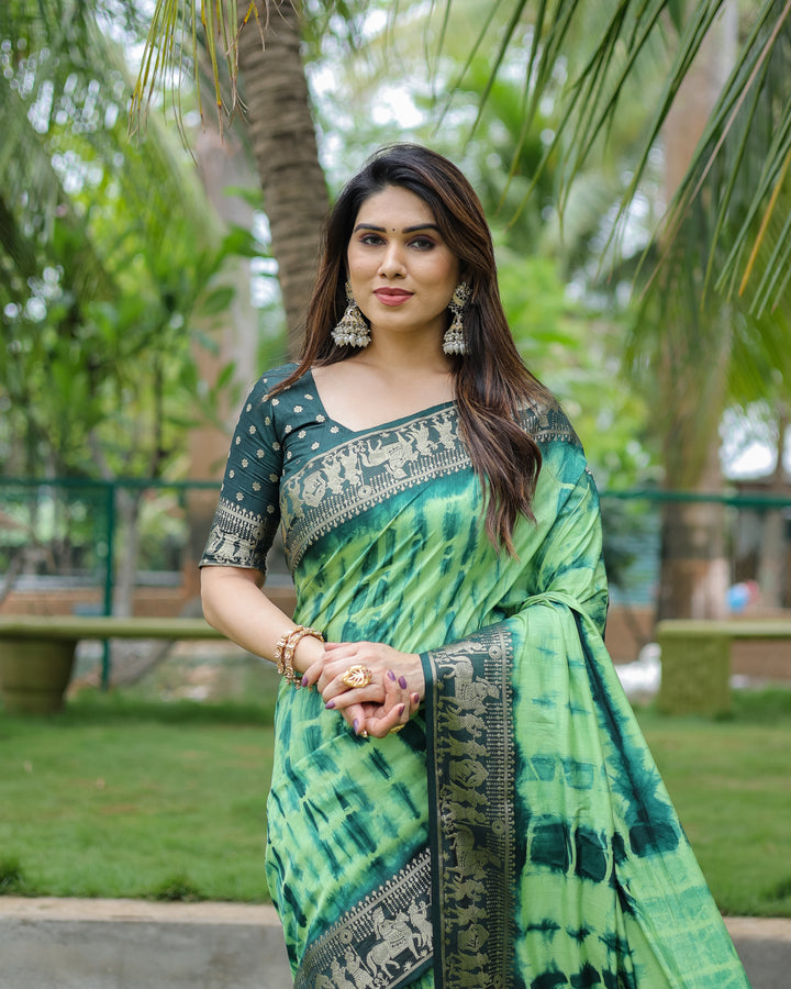 Green Rangavelly Sibori Print Paithani Silk Sarees With Gold Zari Paithani Border & Contrast Rich Pallu