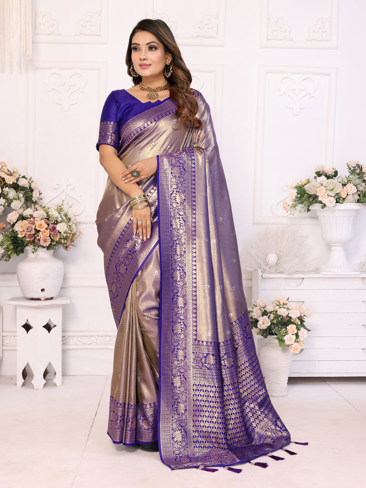 Purple Eshwari Banarasi tissue silk  sarees with all over Butti contrast woven borders classic pallu