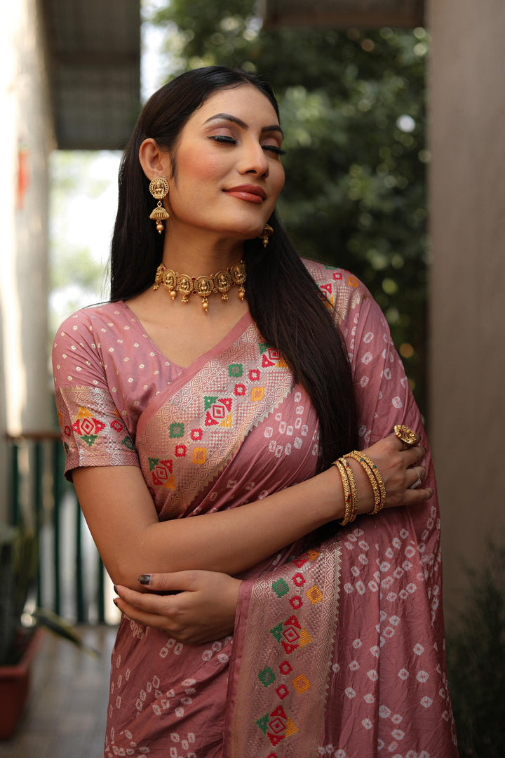 Light Pink Mayraa Pure Bandhej Silk Saree With Patola Border Zari Weaving Paithani And Paithani Rich Pallu