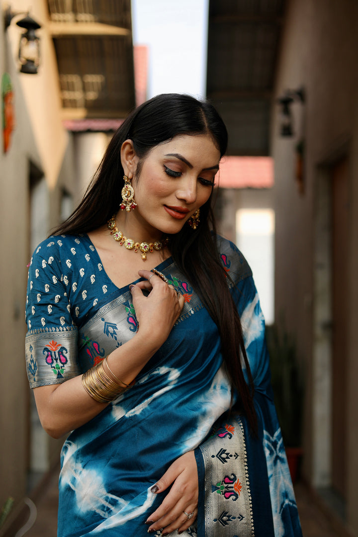 Blue Vatika Sibori Print Paithani Silk Sarees With Gold Zari Paithani Border & Contrast Rich Pallu