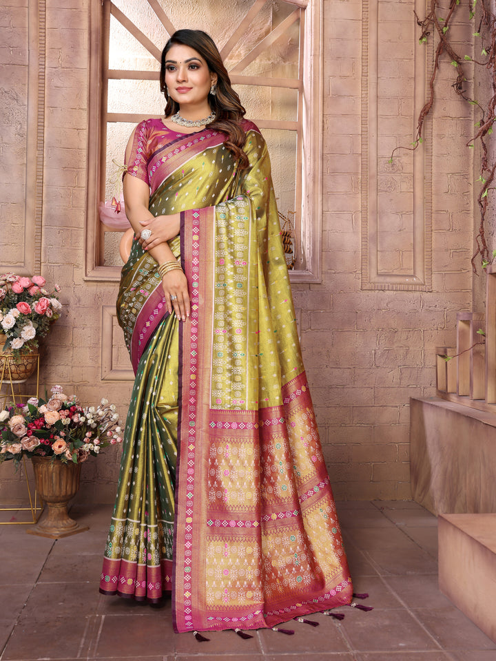 Green Tarveni Banarasi Tissue Silk (Patola weaving) Saree With Contrast Patola Woven Borders & Pallu