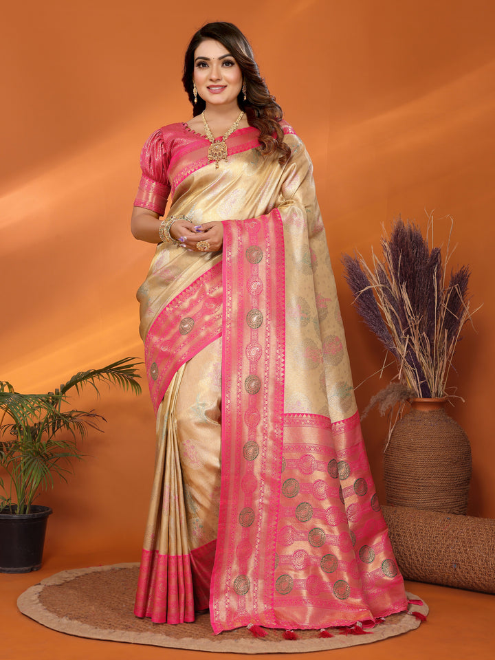 Beige Sonali Banarasi Silk Saree With Contrast Paithani Woven Borders & Pallu