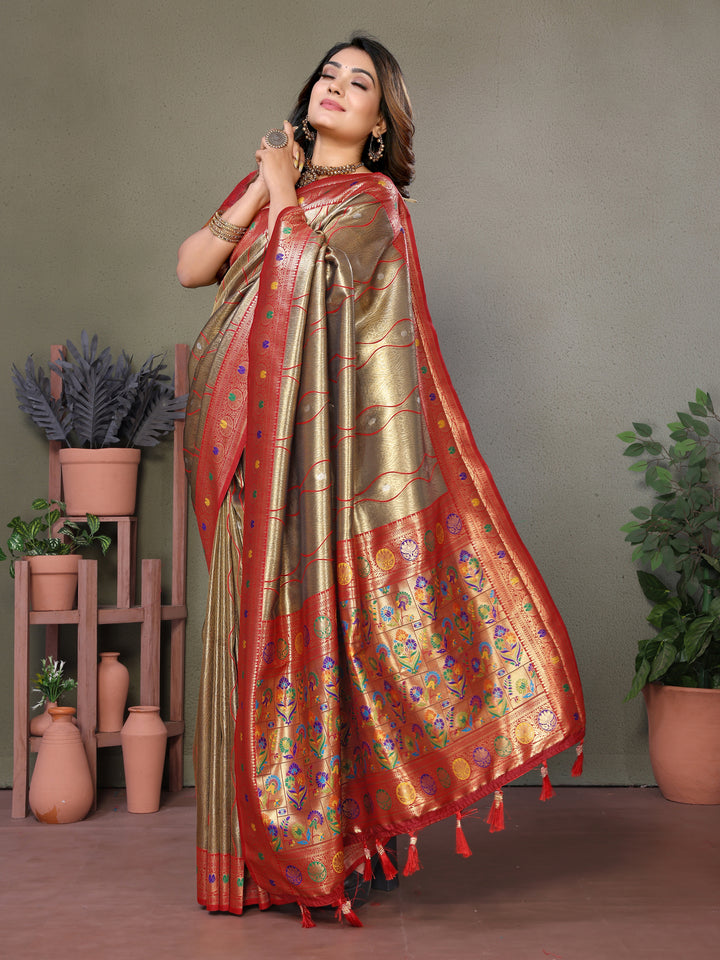 Beige Vasant Banarasi Tissue Silk Saree With Laheriya Woven Borders & Contrast Banarasi Pallu
