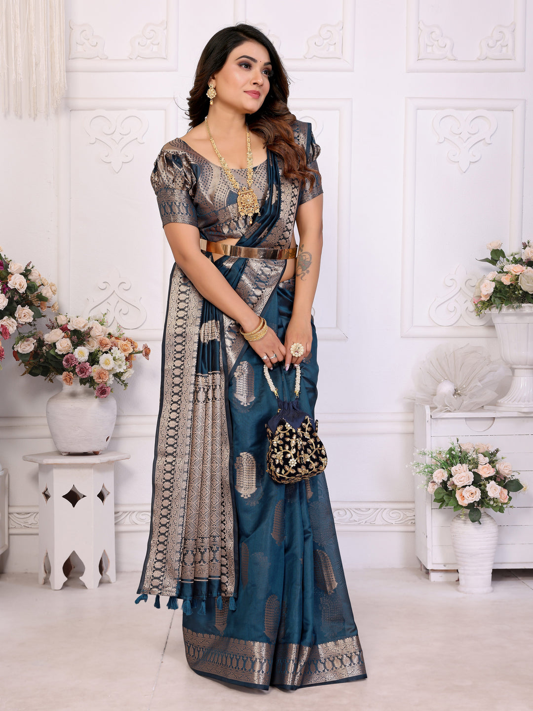 Navy Blue Vanshika Soft Organza Silk Banarasi Saree With Unique Butta With Unique Colours