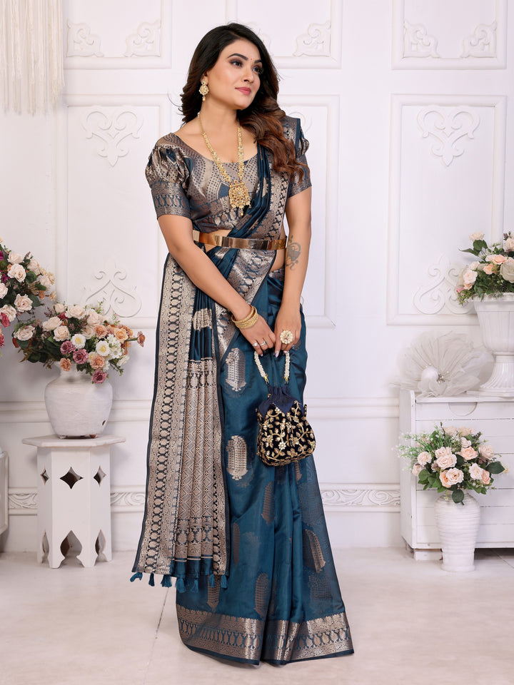 Navy Blue Vanshika Soft Organza Silk Banarasi Saree With Unique Butta With Unique Colours