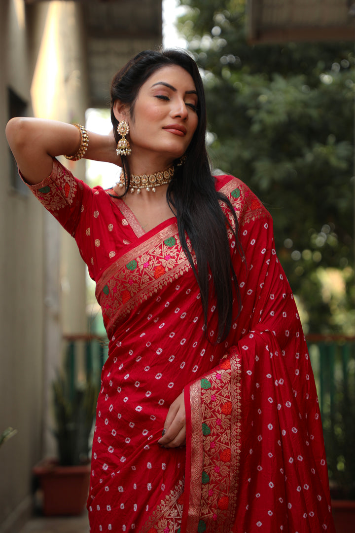 Red Nazakat Pure Bandhej Silk Saree With Patola Border Zari Weaving Paithani And Paithani Rich Pallu